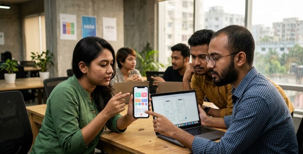 Android apps development company in Bangladesh team reviewing app design