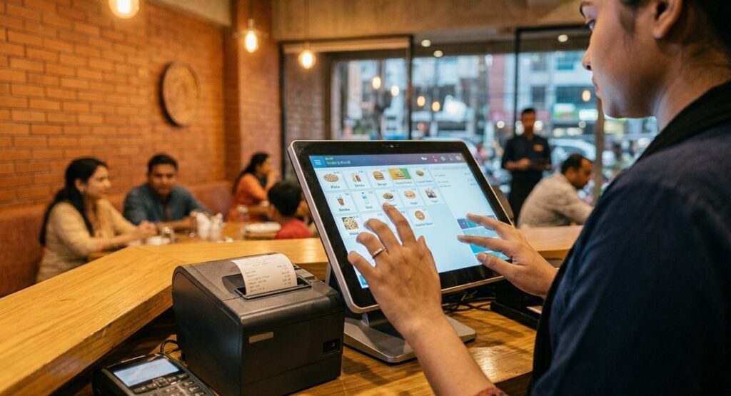 Cashier using restaurant POS